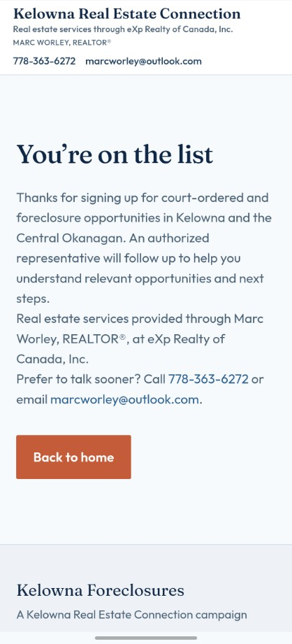 Thank-you confirmation with next steps and realtor identification