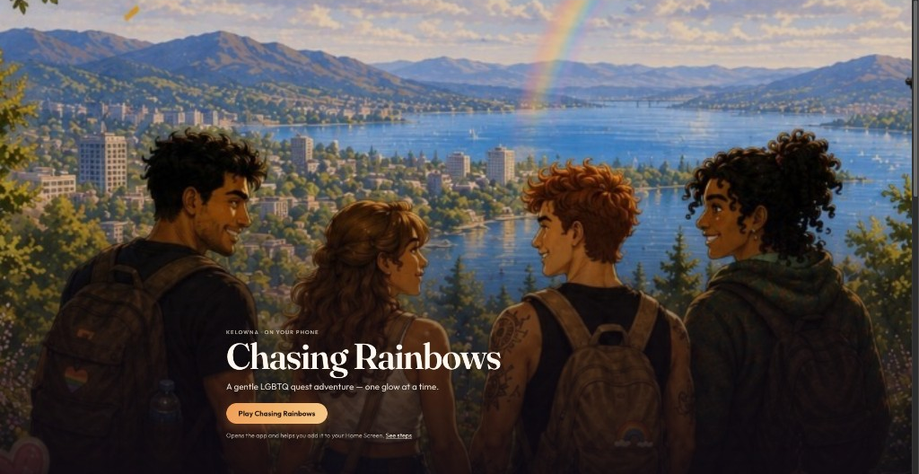 Friends watching a Kelowna sunset with a rainbow overhead — Chasing Rainbows welcome art