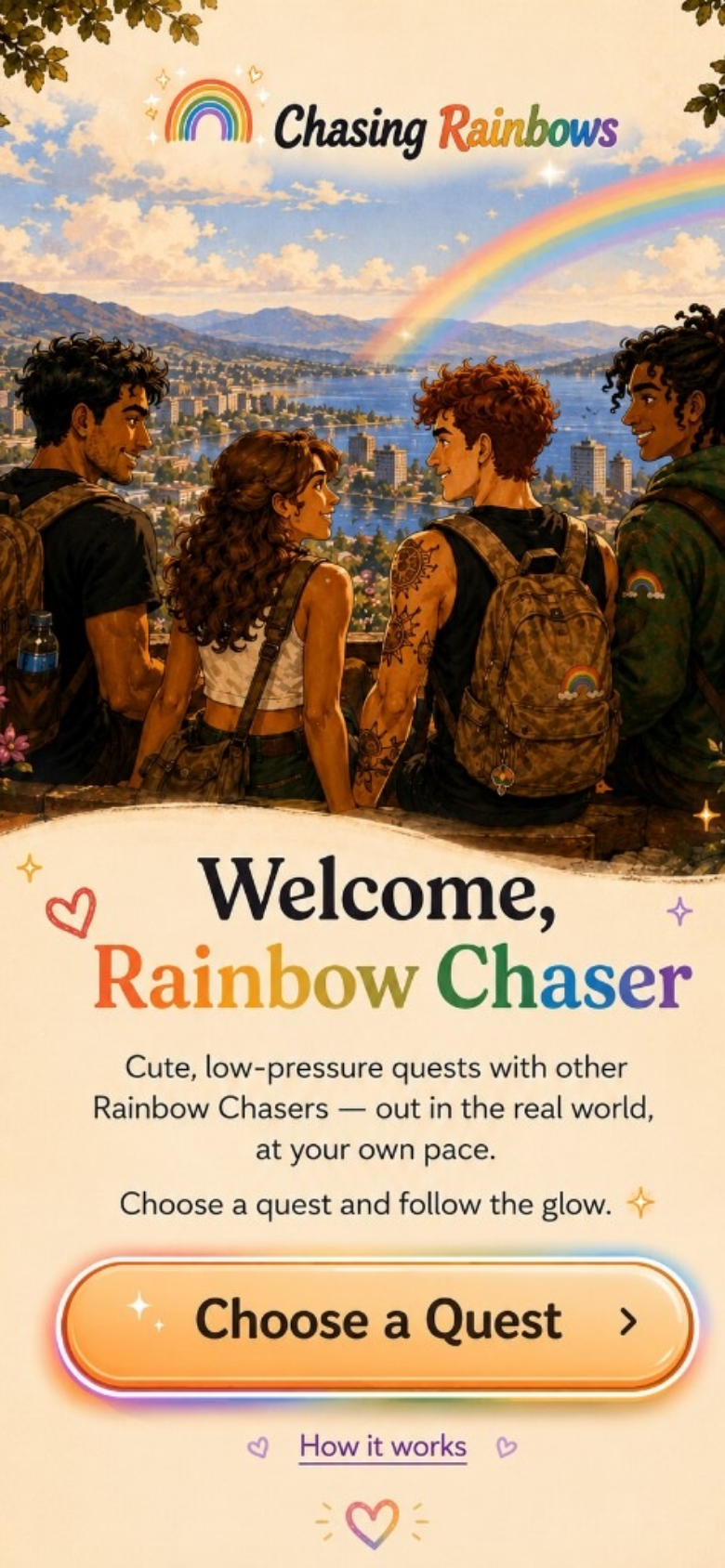 Chasing Rainbows map and welcome home screen