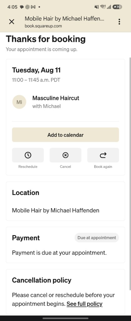 Simplified booking: confirmation with payment due at appointment