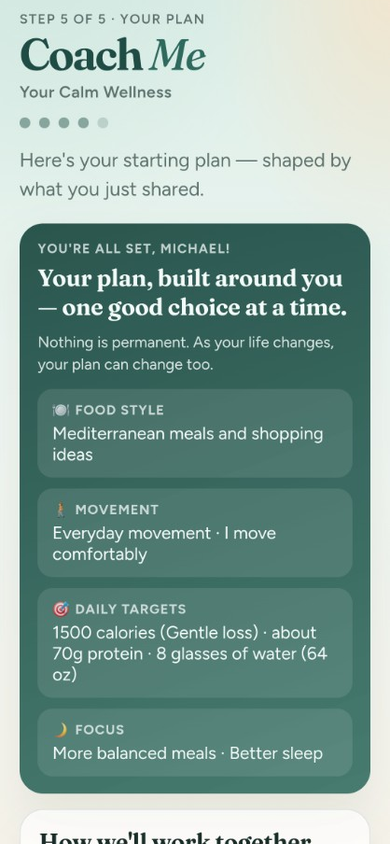 Personalized wellness plan with food style, movement, daily targets, and focus